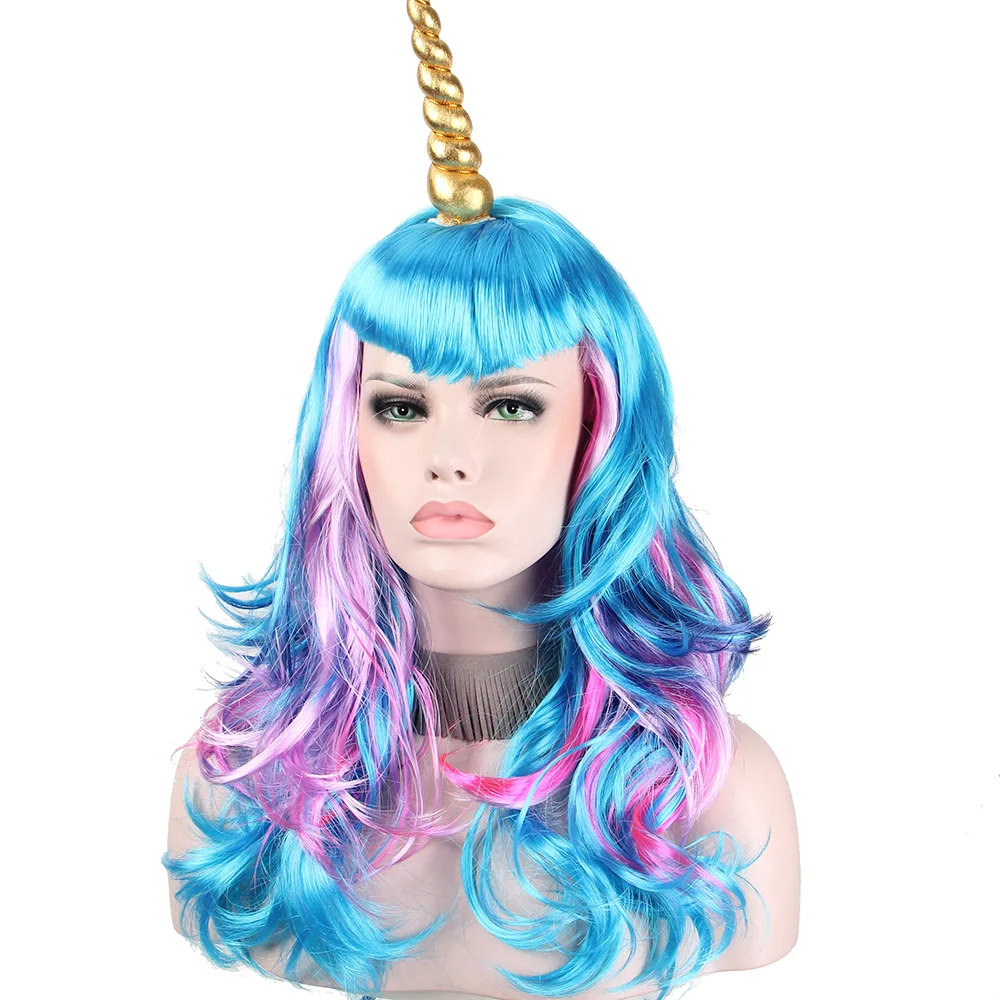Unicorn Wigs for Women Long Wave Synthetic Gold Horns Curly Colorful