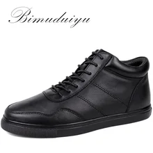 BIMUDUIYU/большие размеры; Мужская Повседневная теплая обувь из натуральной кожи; плюшевые ботильоны на шнуровке; классические черные зимние ботинки на плоской подошве