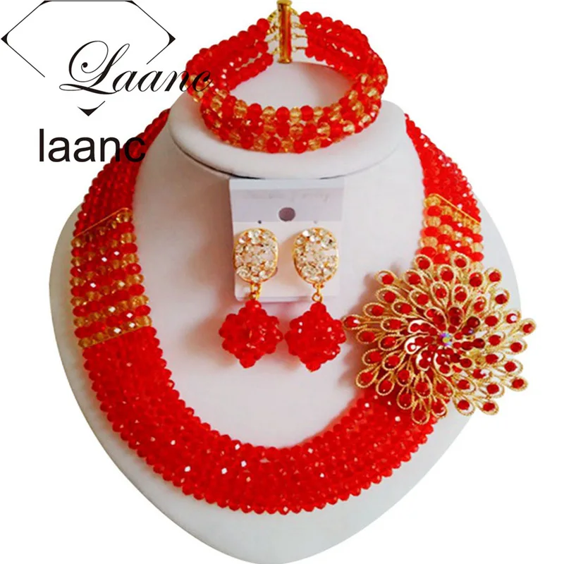 

Laanc Red and Gold African Wedding Beads Nigerian Bridal Jewelry Set Crystal Necklace Earrings for Women AL538