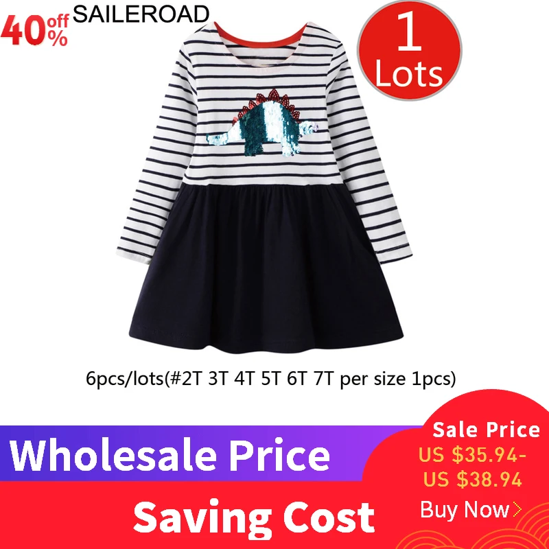 SAILEROAD 5 шт. / Лот Динозавр Блестки Платье Дети Пайетки Платье для Девочек 8 лет Девушка Карманная Одежда Платье С Длинным Рукавом