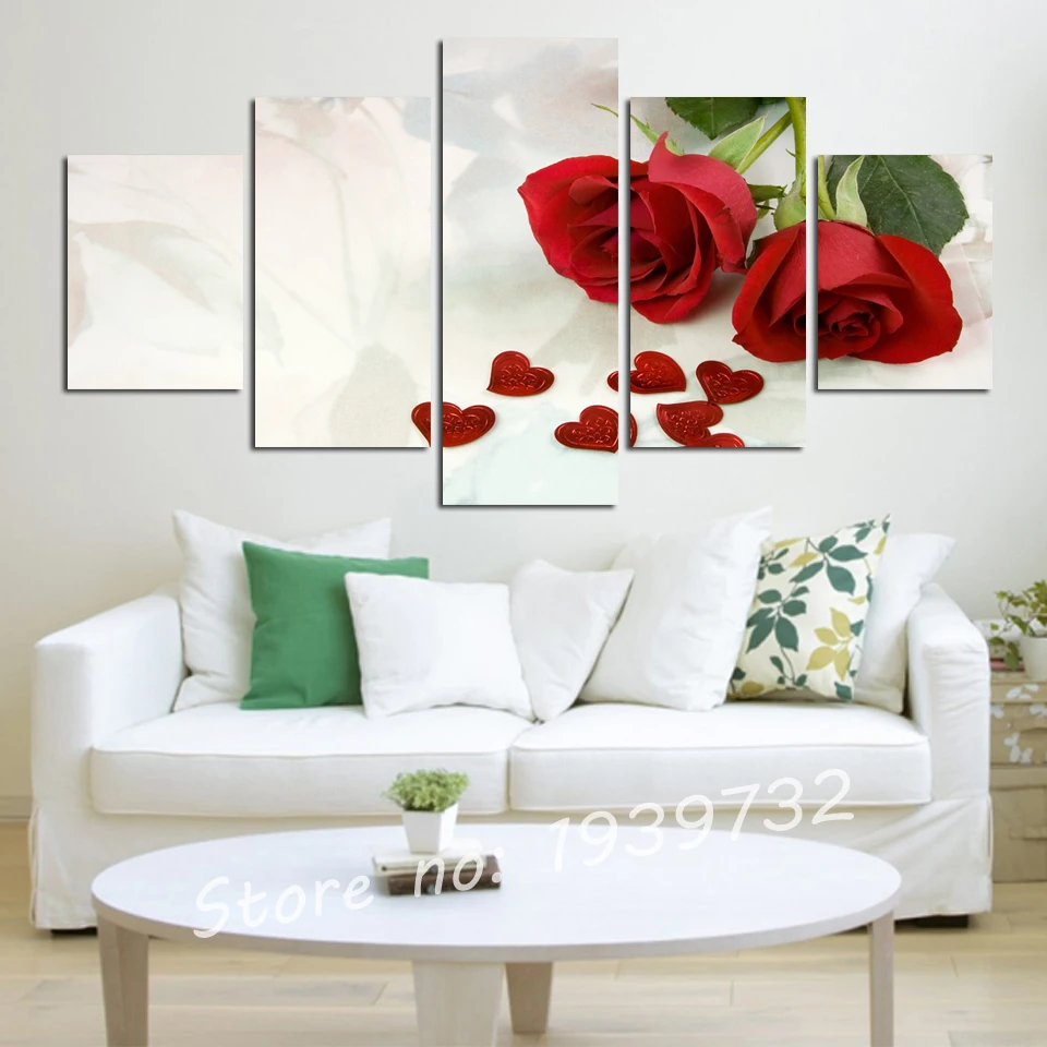 5 Panels Large HD Red Rose Canvas Print Painting Home Decor Wall Art