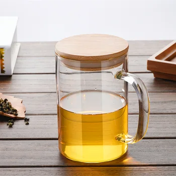 

300ML tea mug with bamboo cover cups and mugs tumbler Transparent glass flower teacup Single layer with handle Chinese style