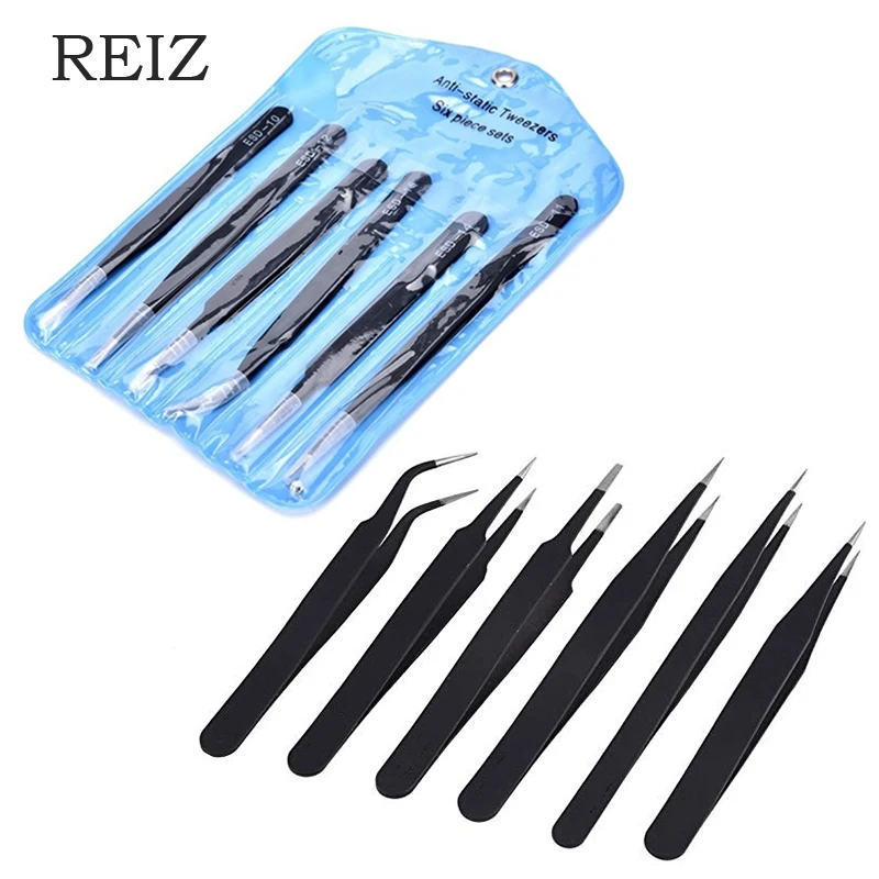 

REIZ 6Pcs ESD Stainless Steel Tweezers Set Maintenance Tools Industrial Precision Curved Straight Tweezers Repair Tools