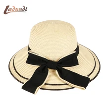 Новая Солнцезащитная шляпа большой черный бант летние шляпы для женщин Складная Соломенная пляжная Панама шляпа козырек широкополый женский