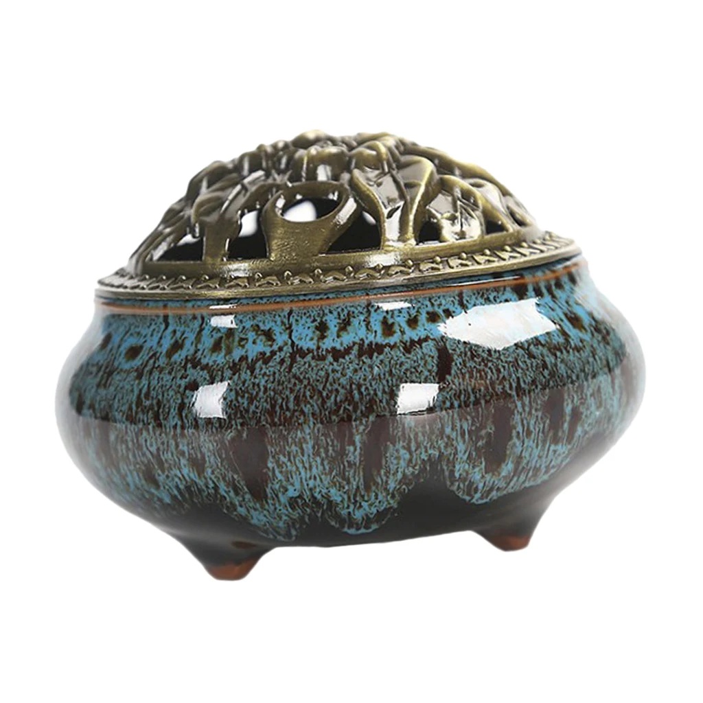2x Vintage Chinese Ceramic Incense Burner Holder Buddhist Cones Coil Spiral Censer Ash Catcher Bowl with Alloy Cover