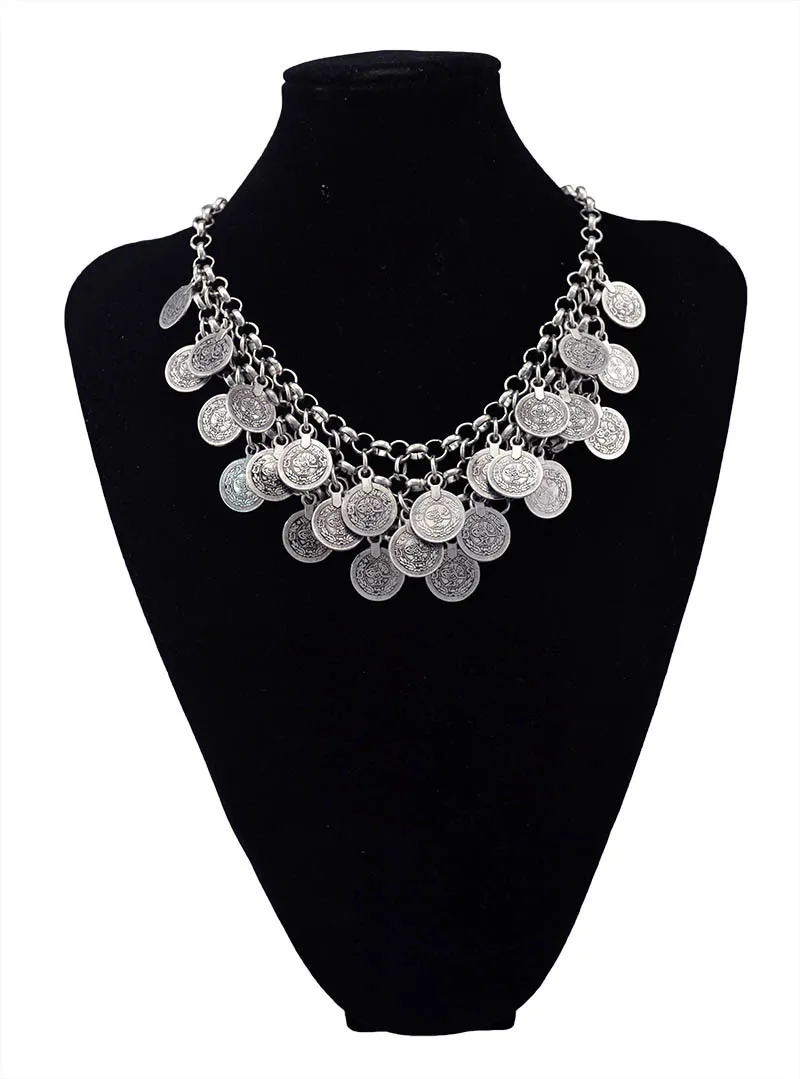 

Bohemian Gypsy Summer Style Vintage Silver Metal Chain Coins Choker Statement Necklace For Women Maxi Ethnic Jewelry Accessories