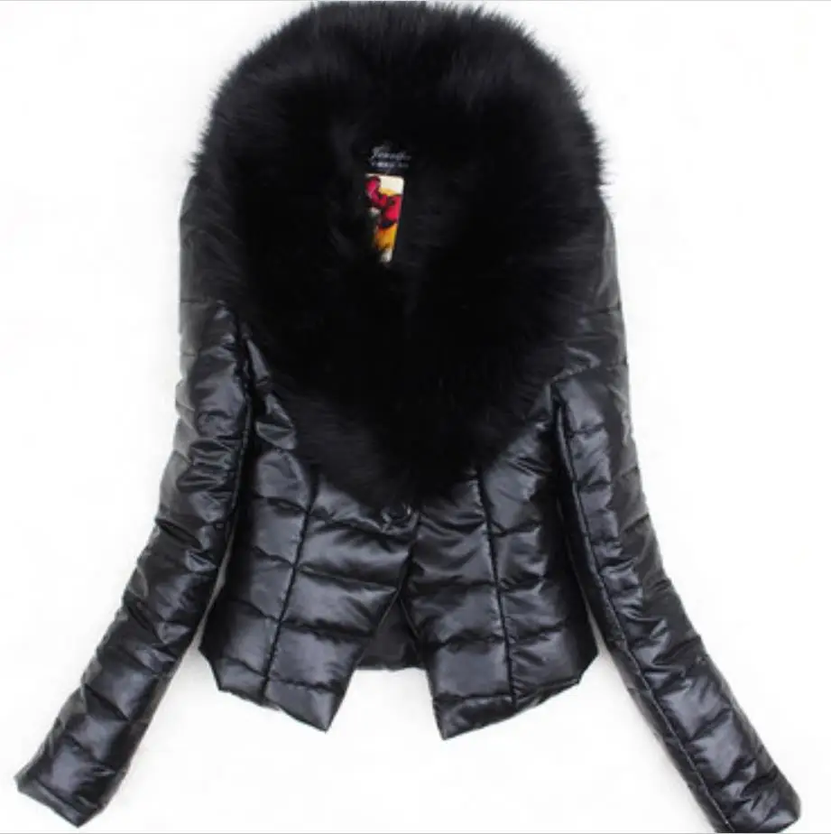 

Women 2019 Big Fur Collar Women PU Leather Jacket Winter Plus Size 3XL Autumn Cotton Coat Slim Down Jacket