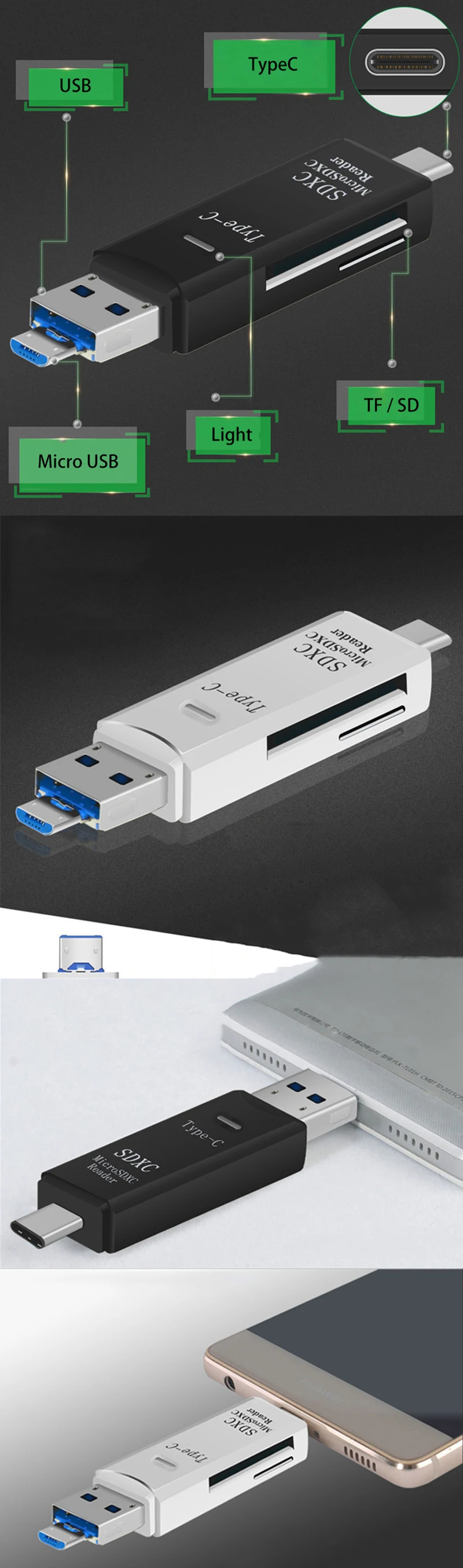 Kuman 2,0 OTG кард-ридер USB MicroUSB TypeC интерфейс с Micro SD TF SD слот для карт флэш-памяти для телефона Y210