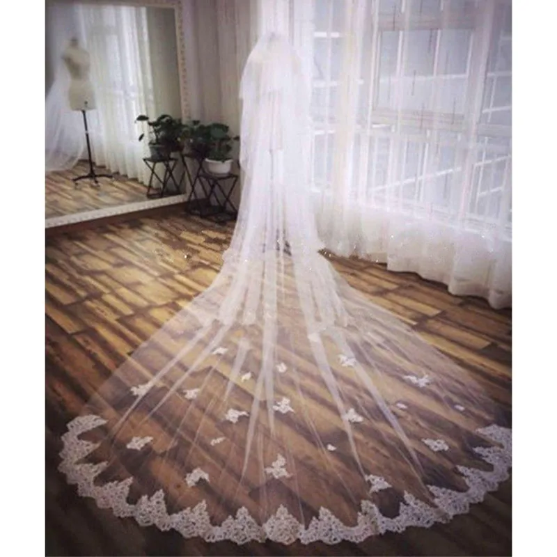 Real Image New One Layer 3M Veils Lace Applique Edge Cathedral Wedding Accessories Free Comb Custom Made Bridal Veil