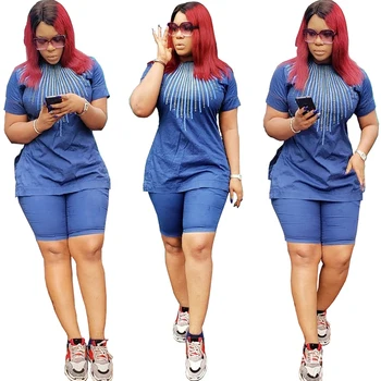 

Summer Casual Solid Color Denim O Neck Short Sleeve Print T Shirt Top With Shorts Women Two Piece Set
