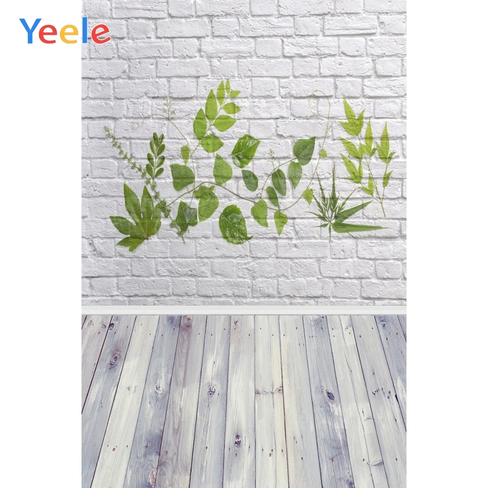

Yeele Gray Brick Wall Wooden Board Green Grass Leaves Photography Backgrounds Customized Photographic Backdrops for Photo Studio