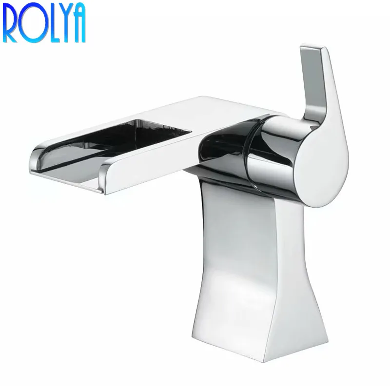 

Rolya Waterfall Lavatory Faucet Cascade Square Style Basin Mixer Bathroom Tap Solid Brass Chrome Single Handle