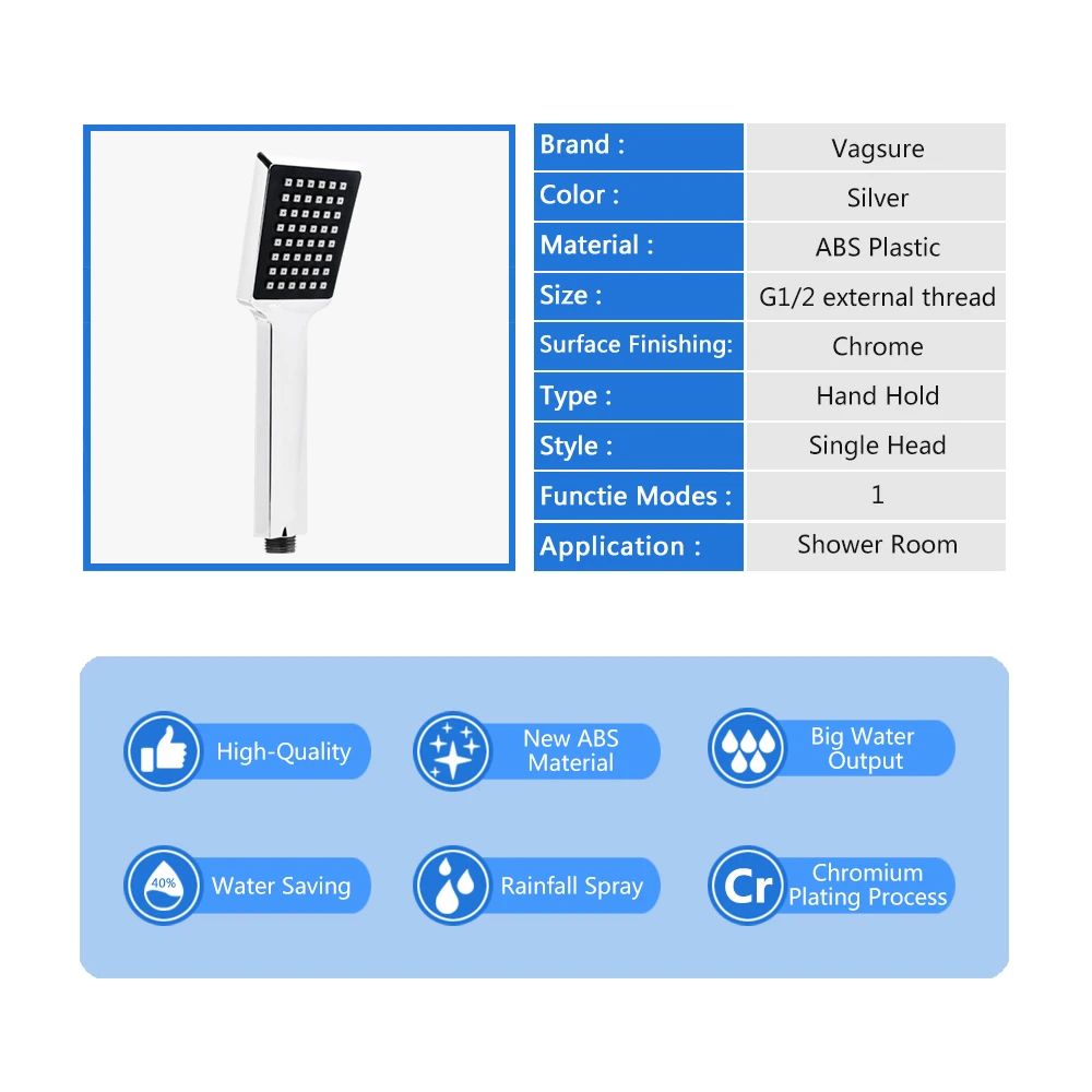 Vagsure Shower Head ABS Plastic Chrome Bathroom  Shower Head Water Saving ShowerHeads Square Spray Nozzle 