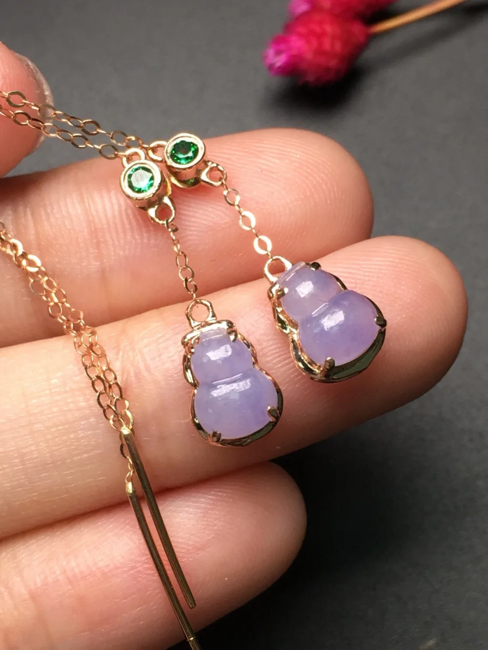 Fine Jewelry Collection Real 18K Yellow Gold AU750 100% Natural Purple Jadi Jade Gemstone Myanmer Origin Drop Earrings for Women | Украшения