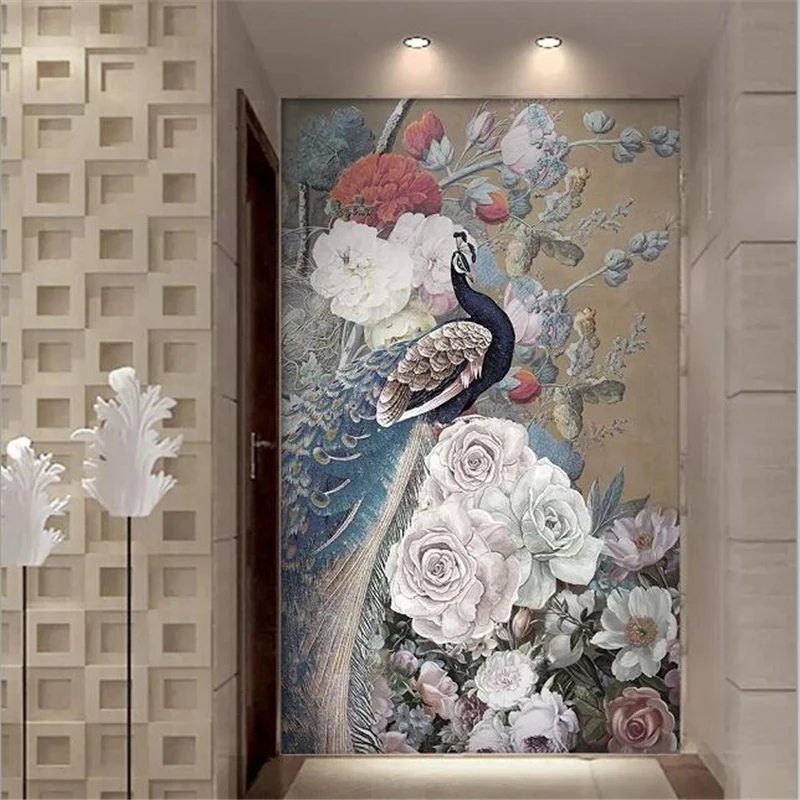 

beibehang papel de parede Custom wallpaper 3d mural new Chinese style flower rich rose peacock porch background wall paper mural