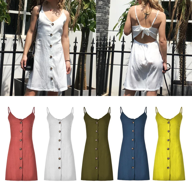 

2019 Fashion new solid color sexy strap V-neck back strap single-breasted dress