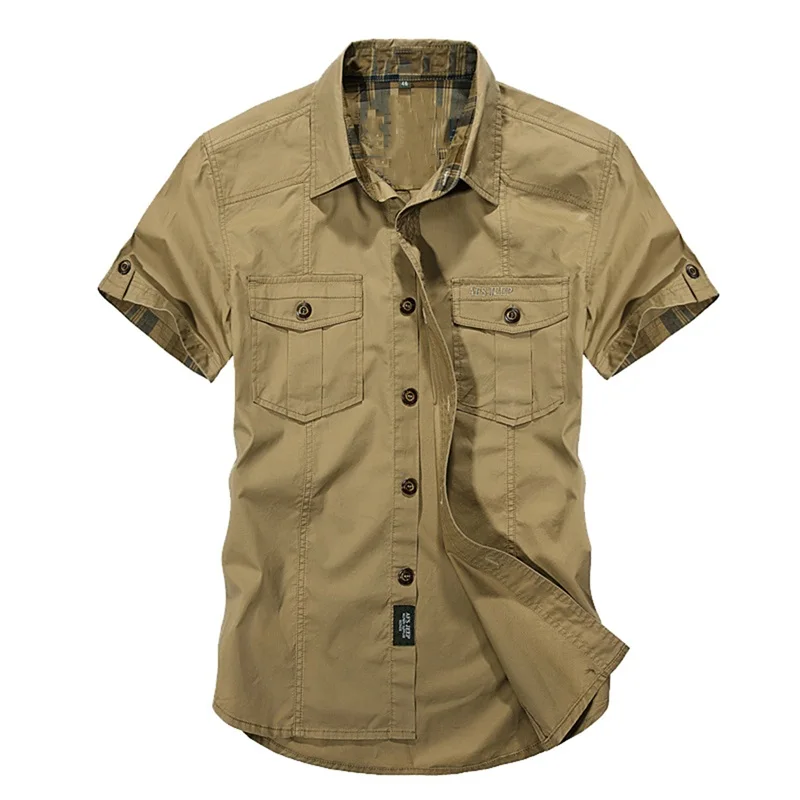 

Jeep Solid Color Cotton Mens Shirts Short Sleeve Turn-down Collar Army Green Khaki Men Tops Casual Male Camisas shirt XXXL 2018