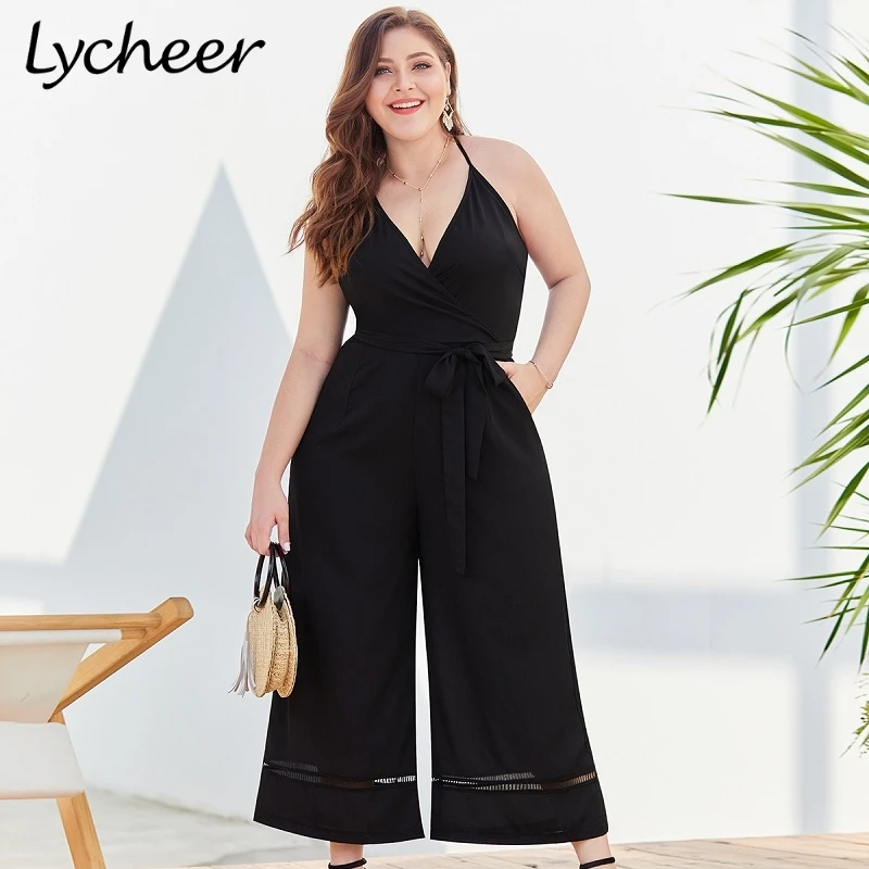 

Lycheer Plus size Vintage women jumpsuit Sexy big size spaghetti strap sashes female jumpsuits Solid black casual long romper