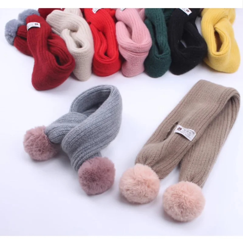 

Korea Handmade Wool Knit Solid Plush ball Kids Children Girls Scarf Wrap Shawl Fall Winter Apparel Accessories-OZKSF050C5