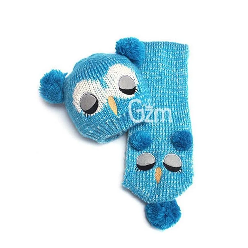 

2017 Adorable Winter Baby Child Warm Owl Hat Scarf Earflap Knitted Cap Wool cotton Set