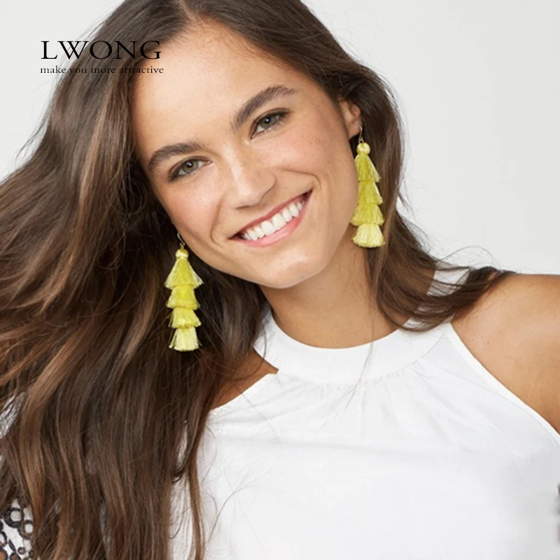 

LWONG Summer Silk Tassel Earrings for Women Black Pink Layered Tassel Earrings Tier Ombre Long Tassels Drop Earrings Wholesale