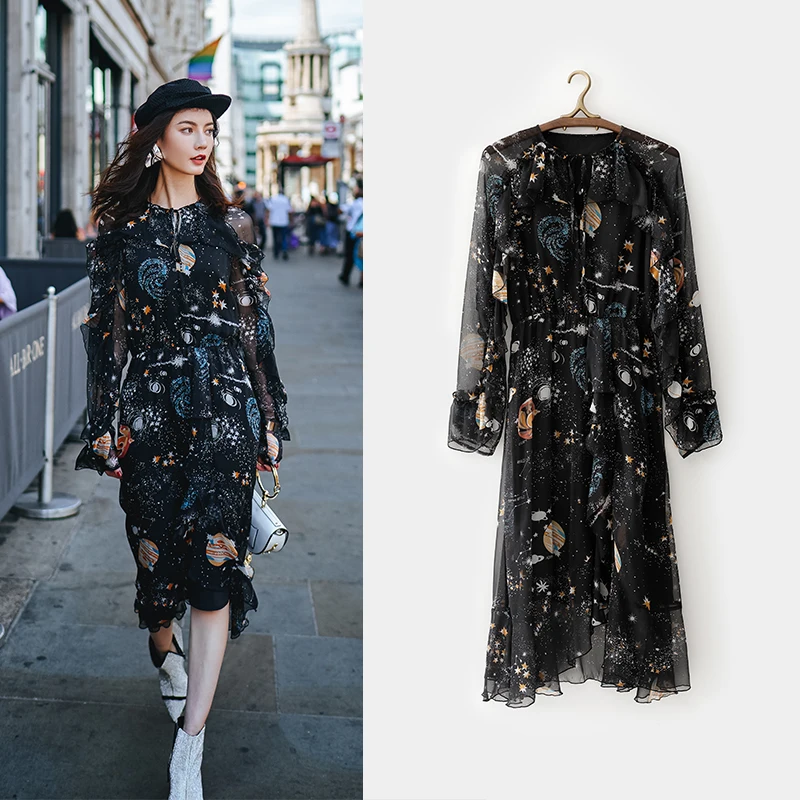 

2018 VIMI Designer Newest Fashion women dress Autumn casual style long dresses Clusters of stars print Ankle-Length full dresses