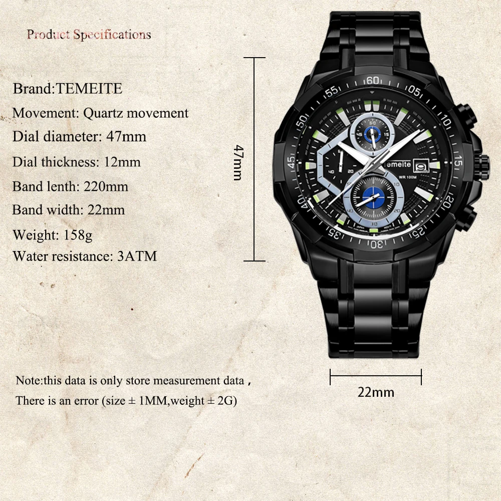 Лидирующий бренд Роскошные Мужские кварцевые часы золотой ремешок из нержавеющей стали TEMEITE 3 Sub-dials 6 стрелки часов модные большие наручные часы