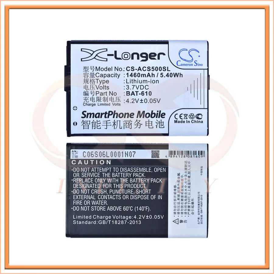 

100% NEW Genuine CameronSino BAT-610 Battery For ACER CloudMobile S500 Smartphone (p/n BAT-610 (1/CP5/44/62), BT.0010S.006)
