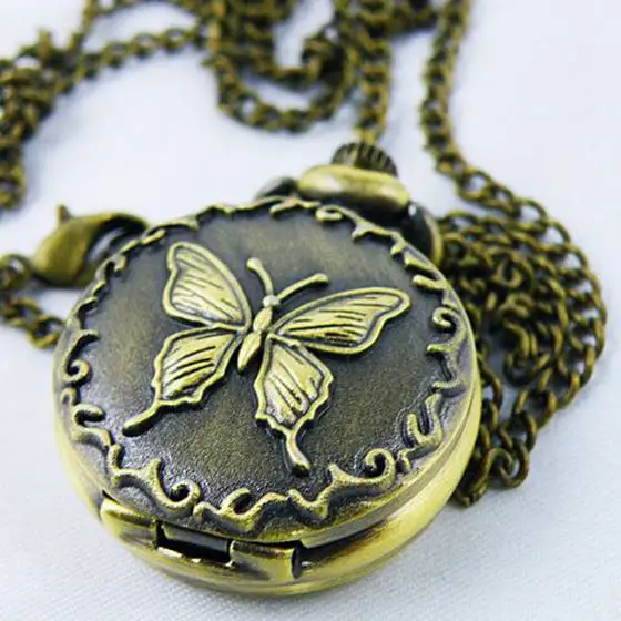 

Decorative Bronze Pocket Watch with Butterfly Motif and Chain