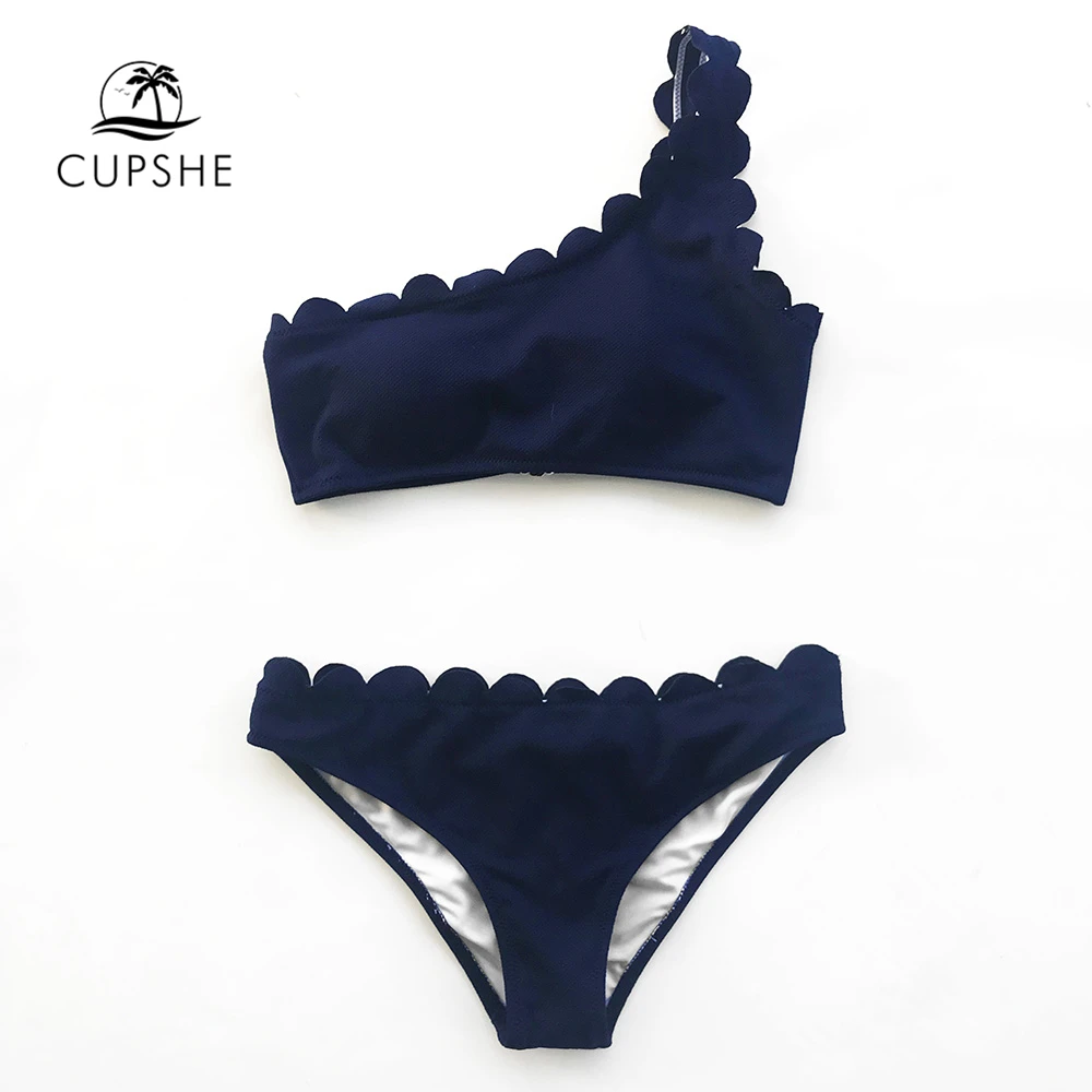 

Cupshe Pink And Navy Miss The Past One Shoulder Bikini Set Women Solid Sexy Two Pieces Swimwear 2019 Girl Beach Swimsuits