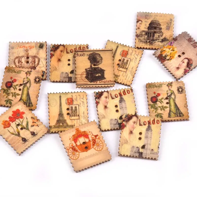 

2 Holes wooden buttons for crafts mixed European vintage stamp Sewing Button DIY Craft Scrapbooking Apparel Accessories M1771