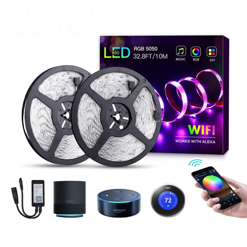 Tiras de Led Suporte de Controle de Voz Controle de Aplicativo de Telefone Telefone para Decoração de Casa Luz de Tira 10 m 300 Leds Rgb Wifi 3g 4g 5g Inteligente para Decoração de Casa 2 Cheap Tiras de LED