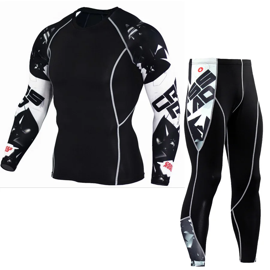 Mens Compression Sets Pants And T Shirts Wolf Print Lycra Crossfit T Shirt Joggers Base Layer