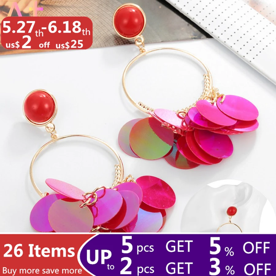 

Colorful sequin earrings female temperament personality hipster earrings net red ear jewelry Chic Gradient color big drop earing