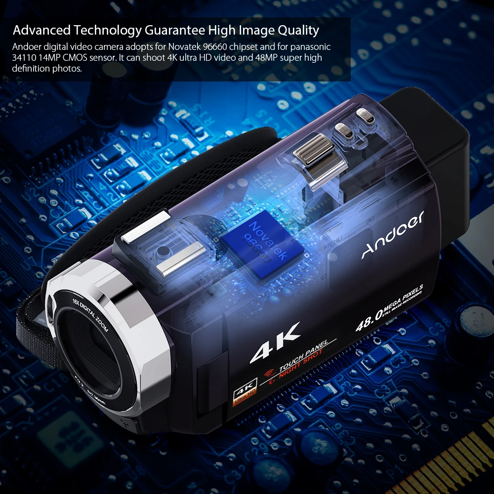 Andoer 4K 1080P 48MP WiFi цифровая видеокамера регистратор с внешним микрофоном Novatek 16X цифровой зум