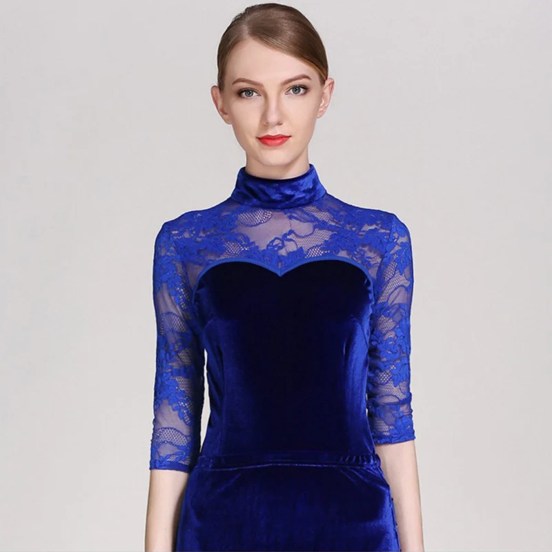 Royalblue Высокий воротник 3/4 рукава взрослых Латинской Танцы купальник кружево бархатной ткани Для женщин/девочек Латина Танго Сальса competetion Танцы одежда - Цвет: Royalblue