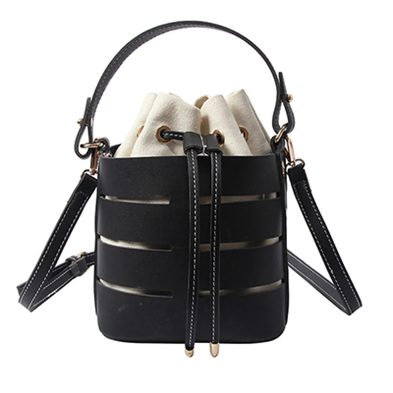 

Drawstring Bucket Bag For Women Mini Pu Leather Crossbody Bags Ladies Shoulder Bags Female Handbags Pure Color(Black)