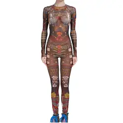 Бесплатная доставка комбинезон для женщин Племенной татуировки печати сетки с длинным рукавом сексуальное боди облегающий костюм для