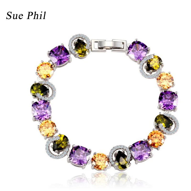 

Sue Phil New 2018 Women Strand Bracelets Colorful Cubic Zirconia Copper lady's bracelets Drop Shipping