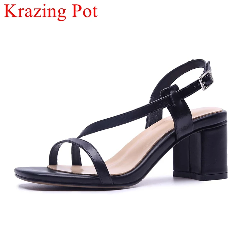 

2018 handmade peep toe genuine leather office lady square heel women sandals elegant party buckle straps sexy summer shoes L08