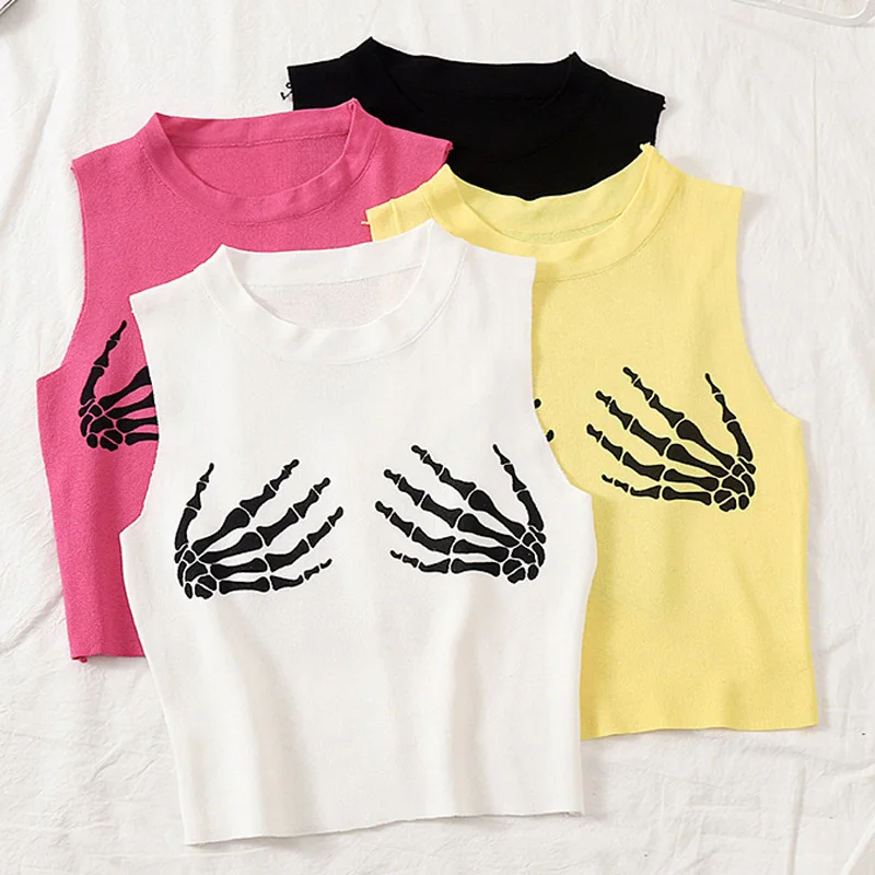 La MaxPa Summer Sleeveless White Tank Tops Women's Loose Interesting Shirts Hands Print Black Grey Crop Clothing k1970 | Женская