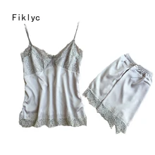 Fiklyc Брендовые женские привлекательные пижамные комплекты модные роскошные кружевные и атласные женские ночные сорочки с острым вырезом короткие штаны летняя домашняя одежда