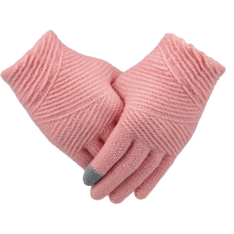 Pink Женские вязаные перчатки, женские теплые варежки с сенсорным экраном, модные уличные полосатые вязаные перчатки на весь палец - Цвет: Pink