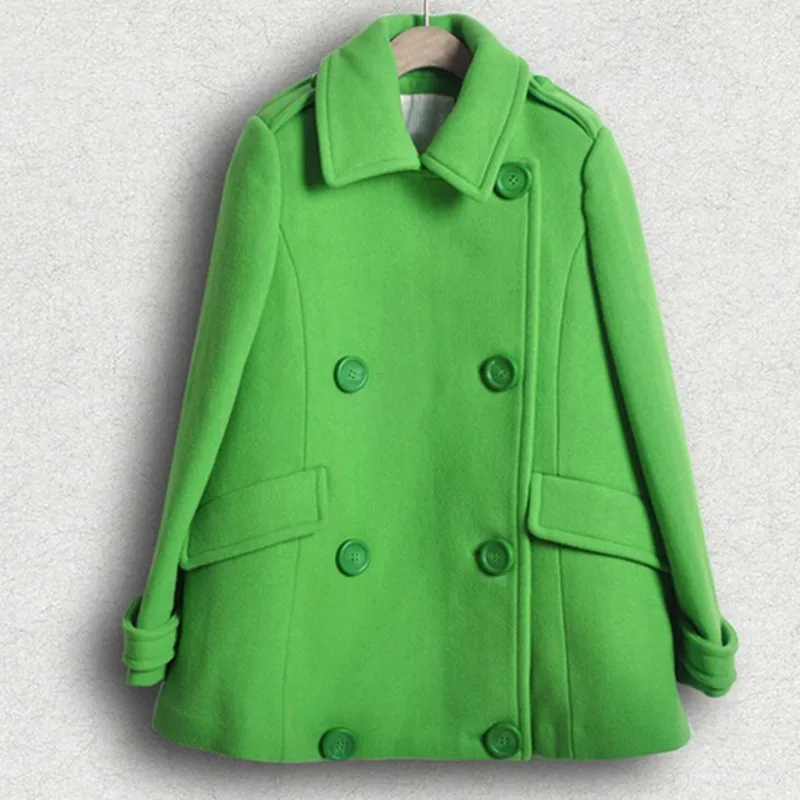 

Wool Coat Female 2016 Green Color Solid Coats Women Autumn Double Breasted Turn-down Collar Overcoat Casual Outerwear C8111