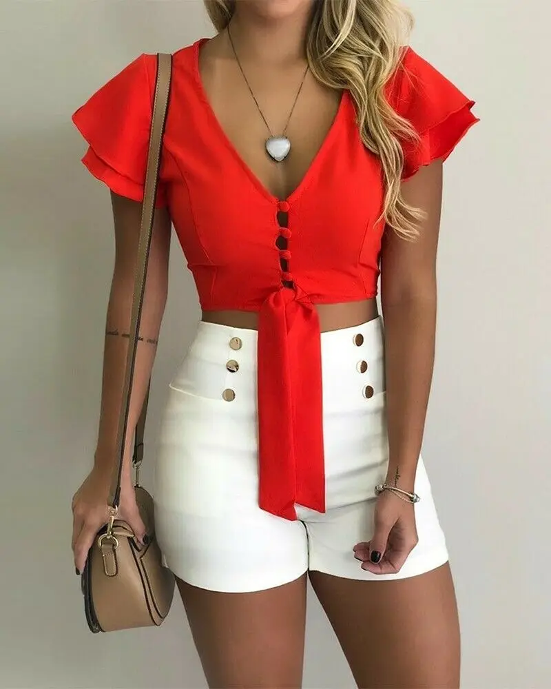 

2019 Summer Women Elegant Party Loose Buttoned Mustard Shirts Female Deep V Neck Self Knot Front Chiffon Short Sleeve Blouse