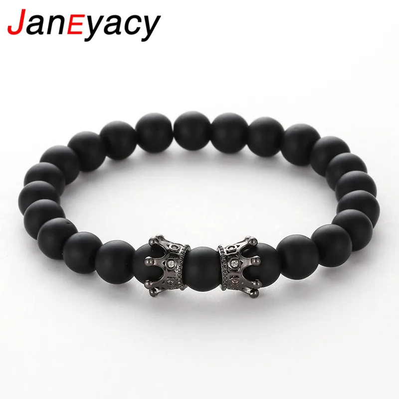 

Janeyacy Fashion Brand Bracelet 8mm Frosted stone Bead Bracelet Women Popular 4 Color Crown Zircon CZ Bracelet Men's Pulseras