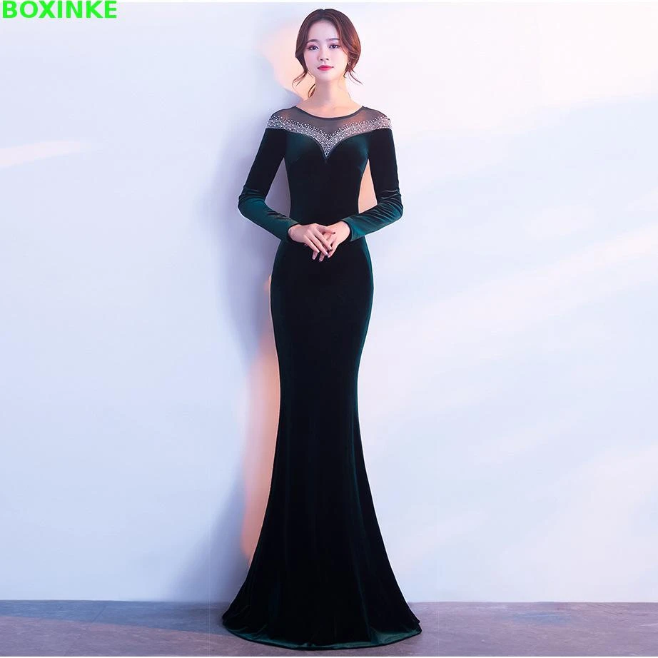 2019 vestido longo hot sale full mesh gaun baru pesta beludru musim gugur lengan panjang perusahaan pertemuan tahunan host ikan ekor s 3xl