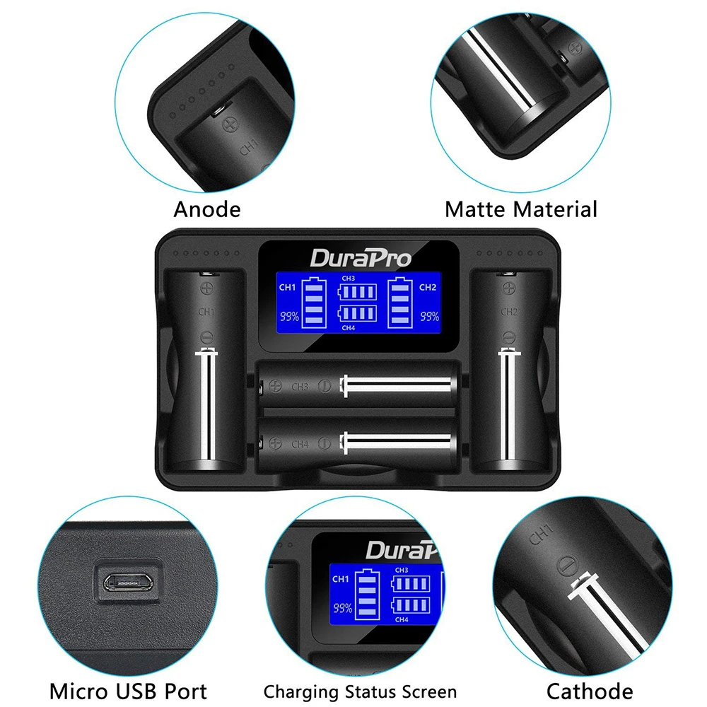 Durapro ЖК-дисплей 4-Порты универсальное usb-зарядное устройство для 18650 18490 18350 17670 17500 16340 RCR123 14500 10440 AA AAA Li-Ion Батарея