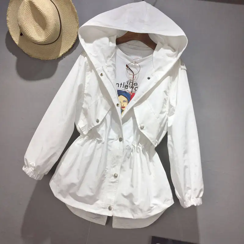 

Spring Trench Coat For Women Fashion Casual Drawstring Waist Coat Women Loose Hooded Windbreaker White Black Trench Coats C5325