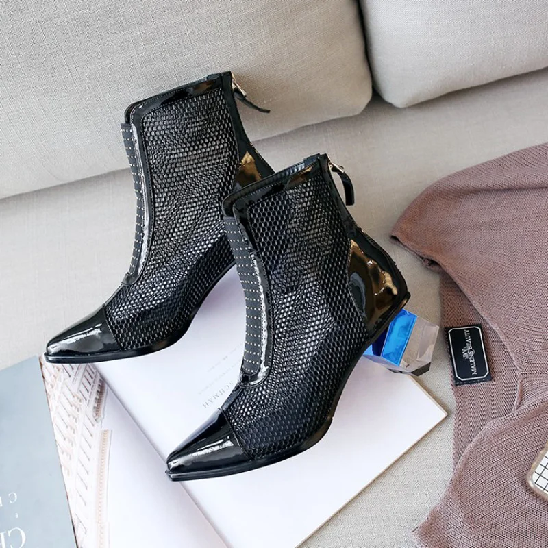 Summer Boots Shoes Woman 2018 Spring Fashion Mesh Ankle Boots For Women Patent Genuine Leather Color Block High Heels For Woman (14)